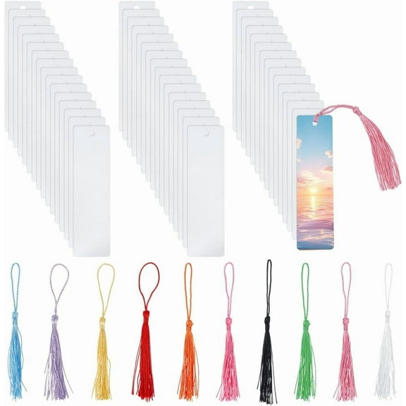 50Pcs Sublimation Blank Bookmark Heat Transfer Metal Bookmarks Personalized Tassels Blank Bookmarks Bulk DIY Bookmark with Hole and Colorful Tassels for DIY Crafts Book Lovers Readers Gifts