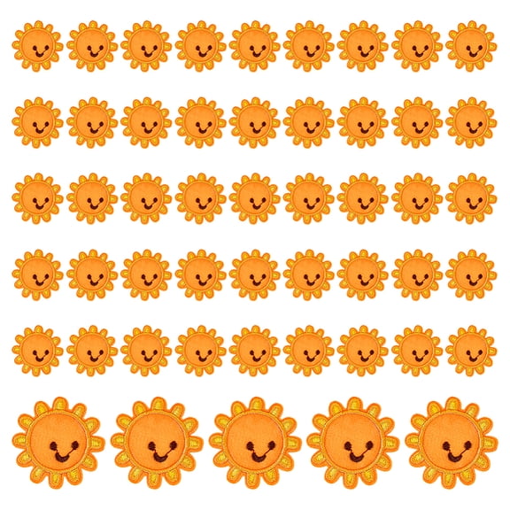 50Pcs Sun with Face Computerized Embroidery Cloth Patches Stick On Patch Costume Accessories Appliques Orange 40mm for DIY