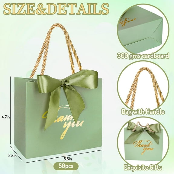 50Pcs Thank You Paper Gift Bags with Bow Sage Green Party Favor Bags for Wedding Baby Shower Birthday Events
