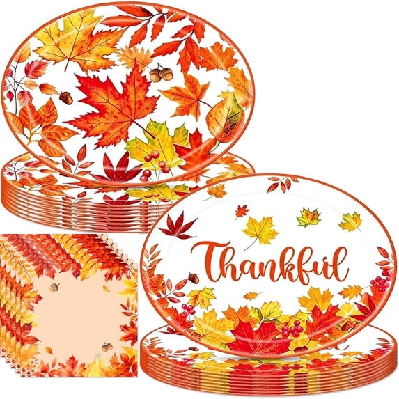 50Pcs Thanksgiving Oval Paper Plates 10"x12" Disposable Fall Paper Plates + 50 Fall Napkins, Autumn Harvest Party Tableware Set
