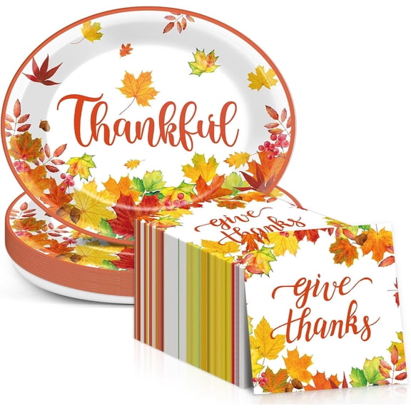 50Pcs Thanksgiving Oval Paper Plates and Napkin Fall Maple Leaf Heavy Duty Paper Plate 11” Give Thanks White Gold Foil Party Decoration Supplies for Autumn Carnival Dinner Tableware, 25 Guest