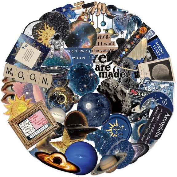 50Pcs Transparent Astronomy Stickers for Scrapbooking PET Cartoon Celestial Sticker Planet Space Stickers Colorful Galaxy Moon Sticker for Journaling Scrapbooking Favors Cosmic Decals