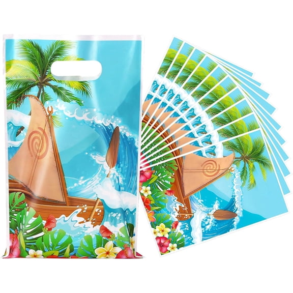 50Pcs Tropical Ocean Canoe Palm Tree Party Favor Bags, Hawaiian Wave Hibiscus Flower Sailboat Print Candy Treat Gift Bags for Summer Beach Luau Kids Birthday Party Supplies Decorations