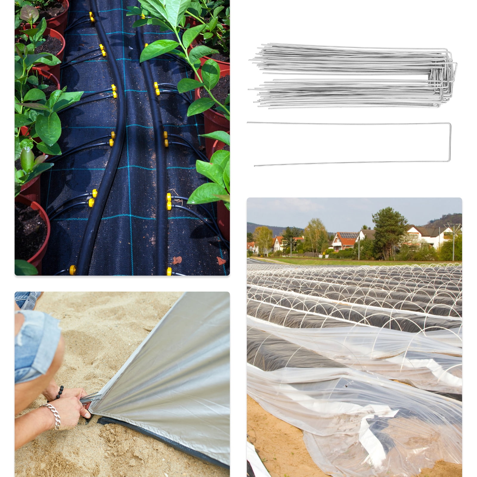 BESTONZON 50Pcs Lawn Stakes Metal U Shaped Nails Silver Zinc Plated Durable for Garden and Tent Anchoring
