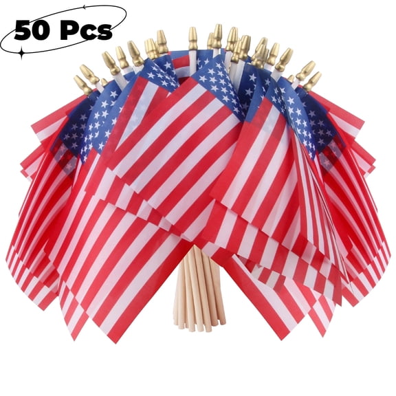 GameXcel 50 Pack Mini American Flags on Wooden Stick, 4x6 Inch Handheld US Flag, 4th of July Patriotic Decor