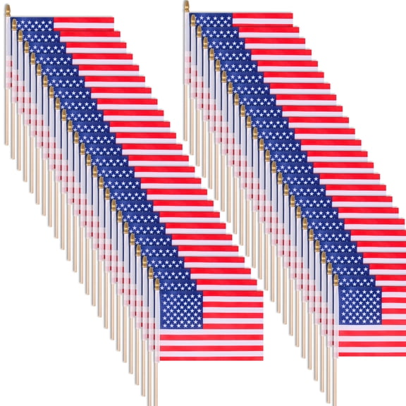 GameXcel 50 Pack Mini American Flags on Wooden Stick, 4x6 Inch Handheld US Flag, 4th of July Patriotic Decor