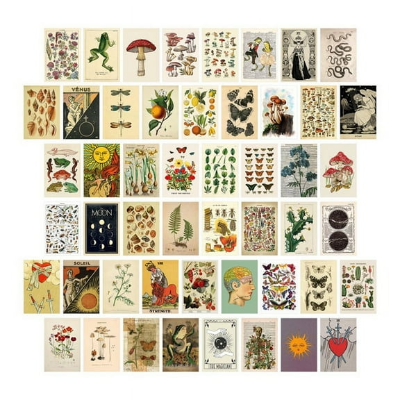 50Pcs Vintage Botanical Tarot Aesthetic Wall Collage Kit & Fauna Insects Illustration Art Posters Card Room Decor