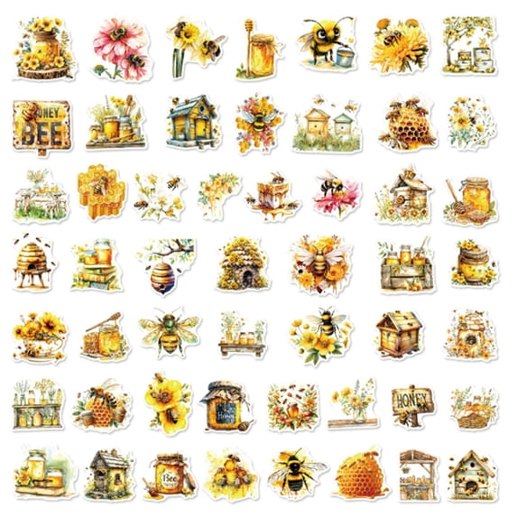 50Pcs Watercolor Bee Stickers Pack, Waterproof Honey Decals for Water Bottle Laptop Suitcase Skateboard Scrapbook Journal, Cute Insect Labels for Kids Teens Girls DIY Decor Party Gift Supplies