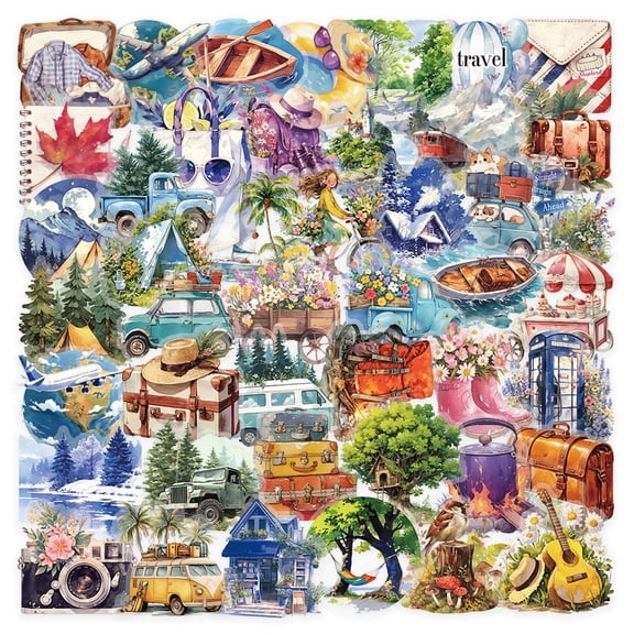 50Pcs Watercolor Doodle Stickers, Outdoor Travel Camping Scenery Decorations For Phone, Laptop, Water Bottle - Waterproof, Personalized Doodle Art For Travel Camping Scenery