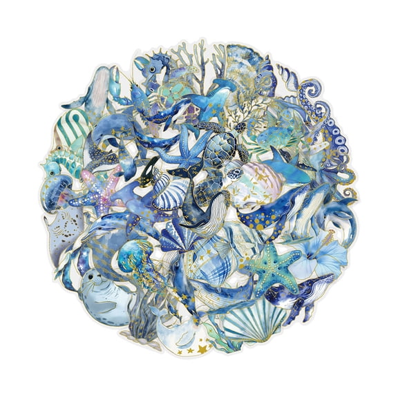 50Pcs Waterproof Gold Foil Marine Life Sticker Removable Clear PET Sticker For Journal Notebook Phone Case Guitar Laptop