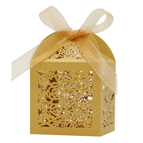 50Pcs Wedding Candy Boxes Hollow Favor Boxes with Ribbon Wedding Candy Gift Boxes for Party Embellishments and Celebrations Golden