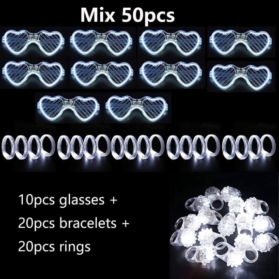 50Pcs White Wedding Mix Sets LED Light Up Glasses Glow Bracelets and Flashing Bumpy Rings Heart Shaped Wedding Party Favors Supplies