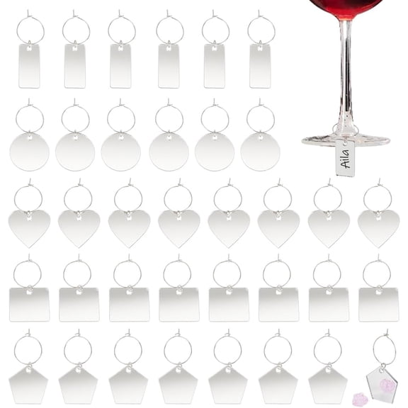 50Pcs Wine Glass Charms Heart/Flat Round/Rectangle Acrylic Drink Markers Acrylic Wine Glass Charms with Rings Glass Labels for Wine Tasting Party Wedding Favors for DIY