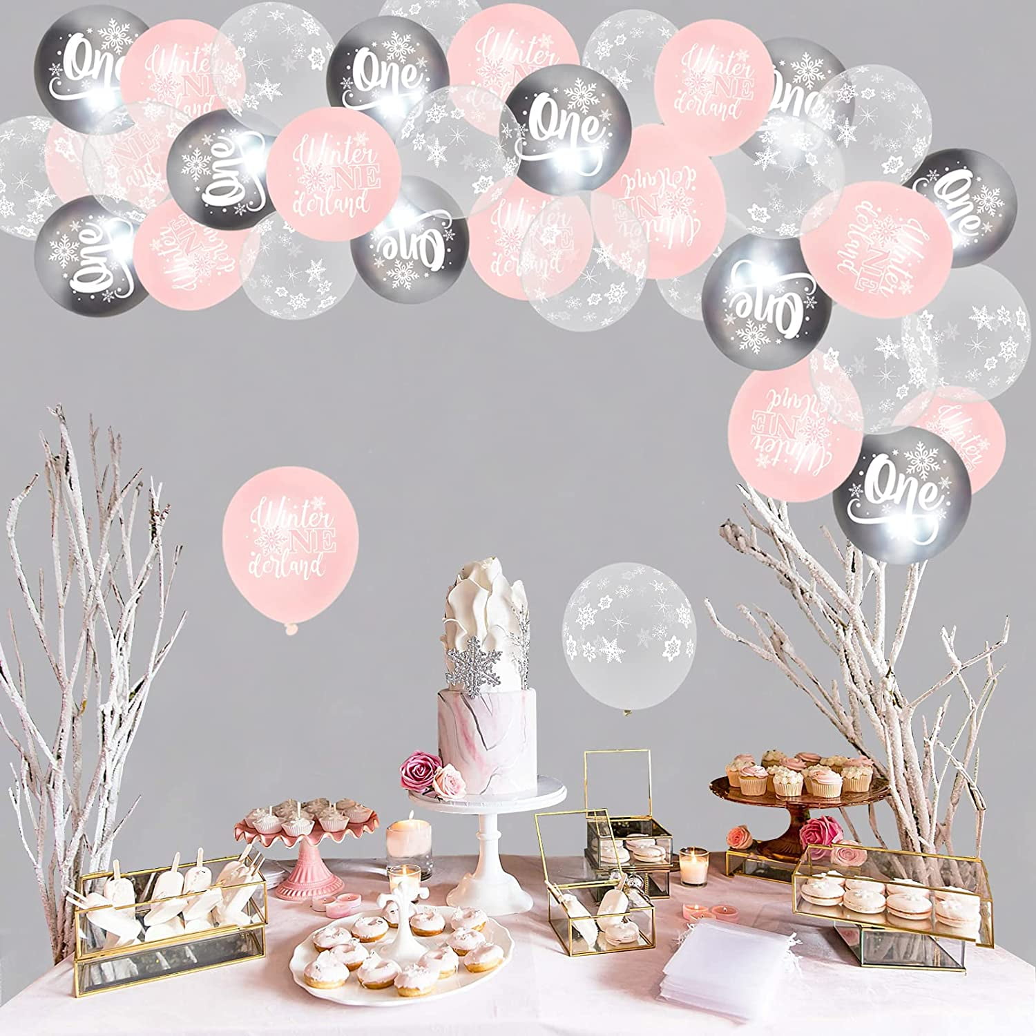 50Pcs Winter Onederland 1st Birthday Balloons, Pink Sliver Snowflake