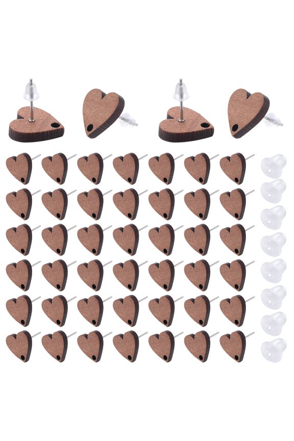 50Pcs Wooden Earring Studs Wood Earring Posts with Loop Heart Shaped Stud Earring Findings with Ear Nut Brown Flat Pad Blank Earring Studs