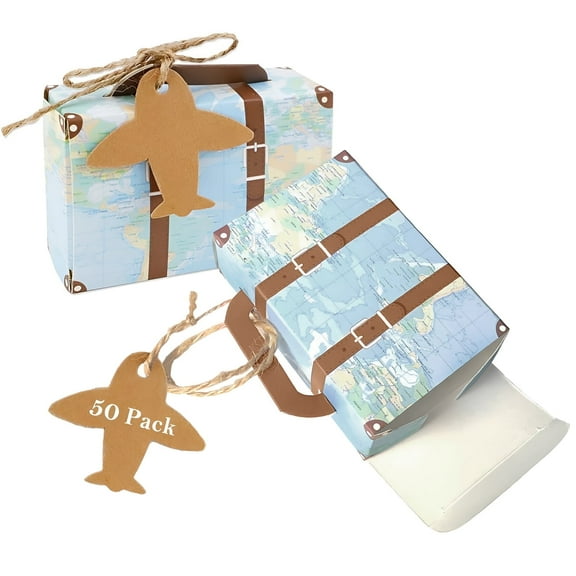 TEXIJUSO 50Pcs World Map Mini Suitcase Candy Boxes, Travel Themed Party Favor Boxes, Vintage Kraft Paper with Tags Handheld Gift Box