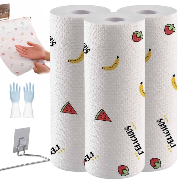 50Pcs per Roll Reusable Cleaning Lazy Rags, Washable Disposable Kitchen Paper Towels, Lazy Person's Rag, Ultra-Absorbent Multi-Purpose Printed Housework Towels, Wet Dry Dual Use(3Pcs)
