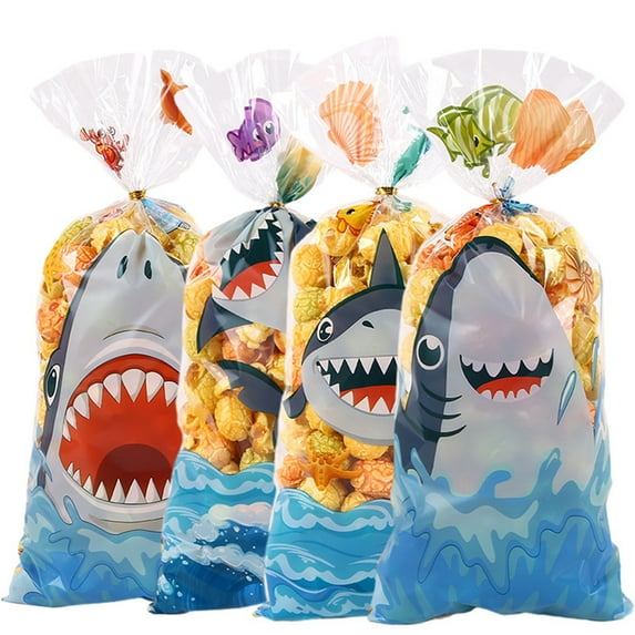 50Pieces Shark Party Bags Shark Plastic Bags Shark Birthday Goodie Favor Bags Sea Candy Bags for Summer Ocean Sea Shark Party Supplies