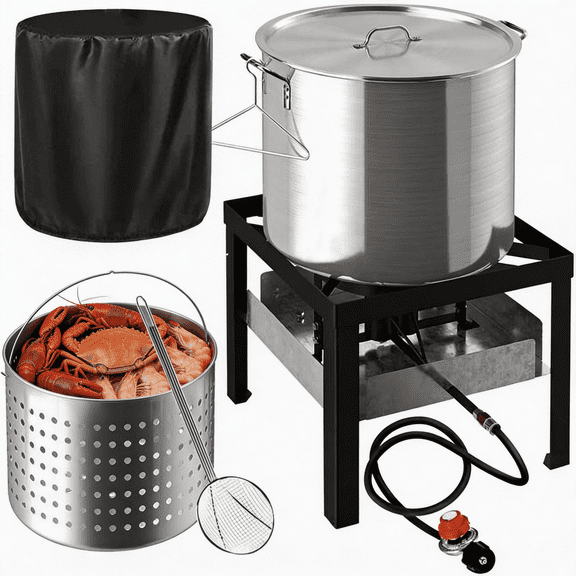 50QT Crawfish Boiler Kit, Waterproof Cover & 12-inch Skimmer, 110,000BTU Propane Burner Stove, 0-20PSIG Regulator, Aluminum Seafood Boil Pot, Crab Boil Pot with Basket