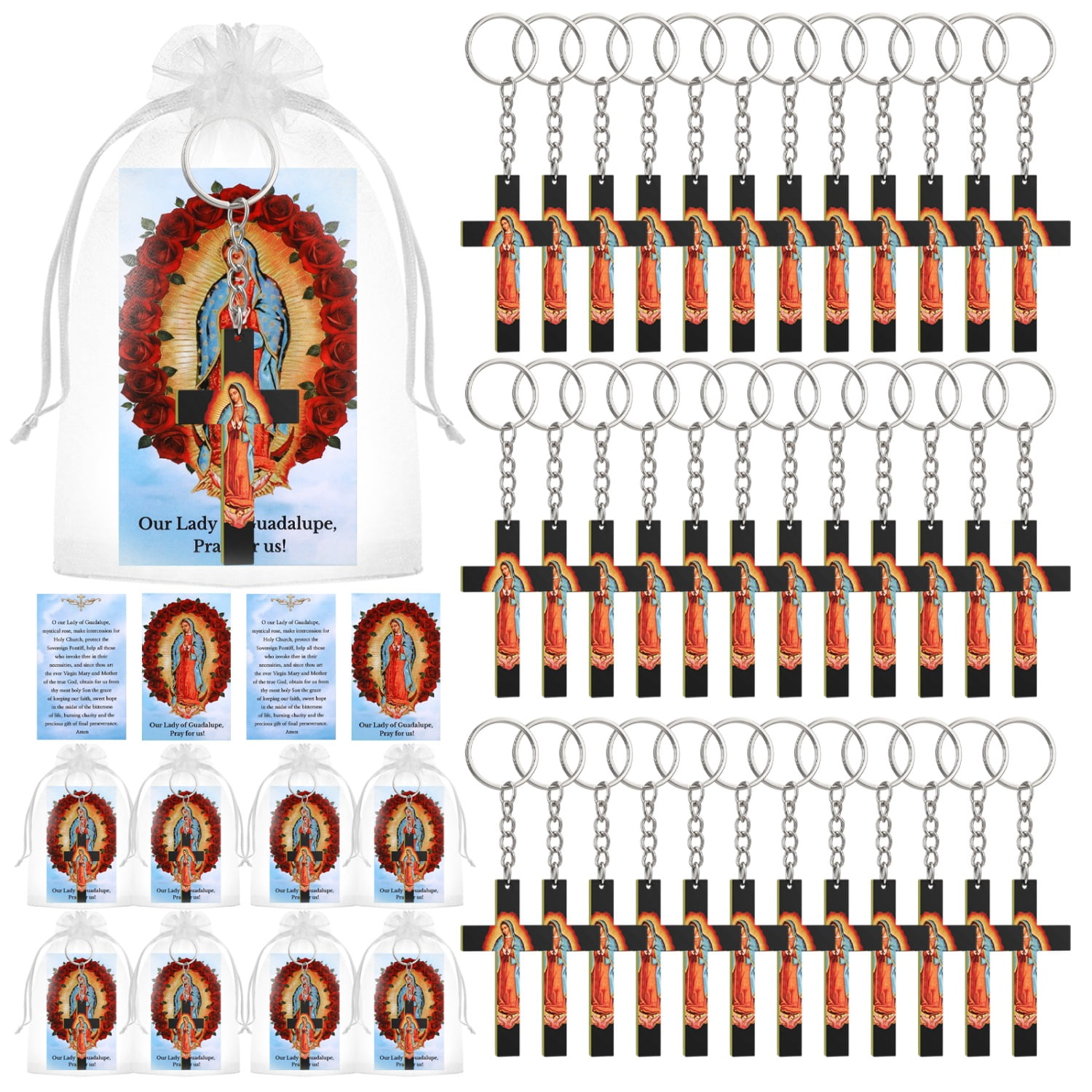 50Set Religious Keychain Gift Set, Featuring Our Lady of Guadalupe Acrylic Keychains Prayer Cards and Organza Bags, Ideal for Weddings Baptisms Spiritual Favors and Religious Events