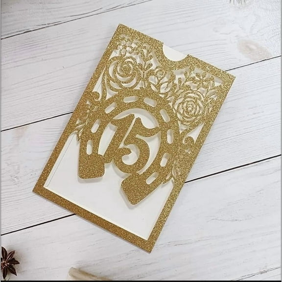 50Sets Glitter Gold Quinceanera Invitation Sweet Fifteen Party Invitation Glitter Horse DIY Laser Cut Western Wedding Cards Just Invitation Cards
