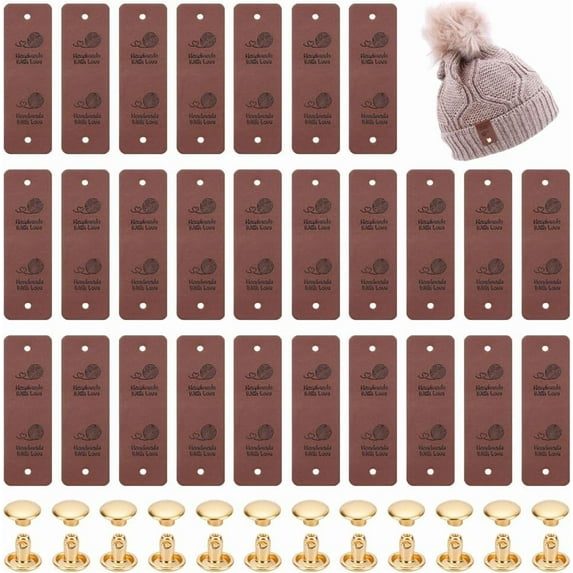 50Sets Handmade Tags Imitation Leather Crochet Labels with Iron Rivet Brown Rectangle Crochet Tags for Handmade Embossed Tag for DIY Crafts Knitting Sewing Hats Purses Clothing 76mm