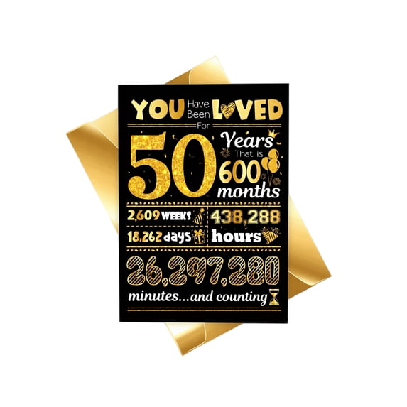 50Th Birthday Card, Funny Milestone Birthday Greeting Card for Him for Her, 7 Inch Black Gold Decorative Card with Gold Envelope, 1 Pack