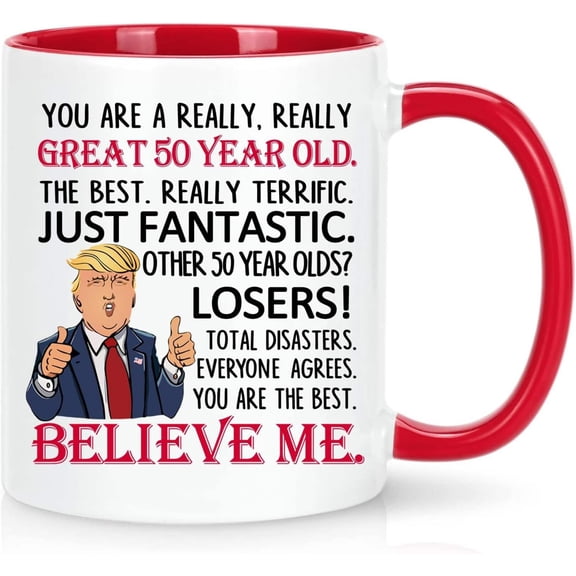 Trump Mug 50th Birthday Gift for Women  Funny 11 oz Red Coffee Cup for 50 Year Old Friend or Mom, Unique Gift Idea for Her