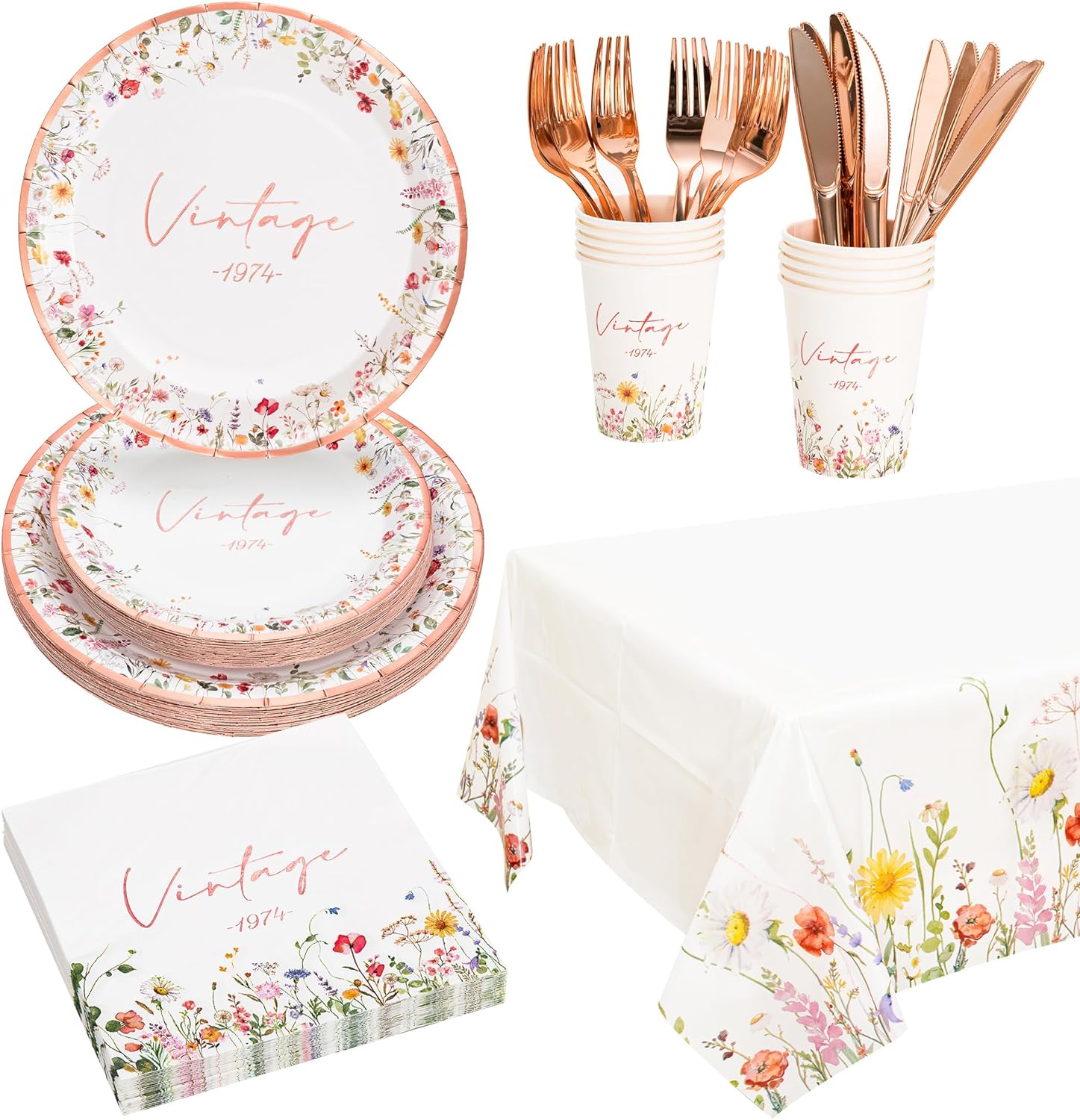 50Th Birthday Plates And Napkins Rose Gold Vintage 1974 Floral