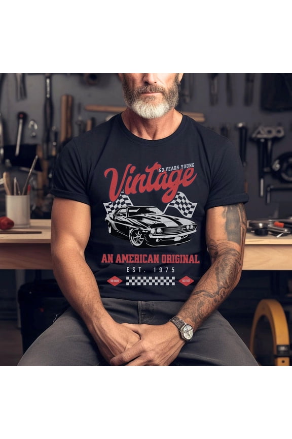 50Th Birthday Shirt, Born In 1975 Muscle Car T-Shirt For Men, Dad, Vintage Classic Car Guy 50 Years Hot Rod Tee, 50Th Ideas, F5679