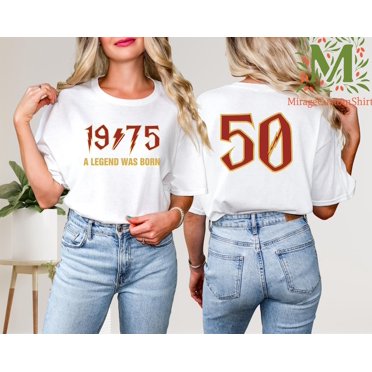 1975 Legend Was Born 50th Birthday T-Shirt – Custom Name On Back – 2025 Gift