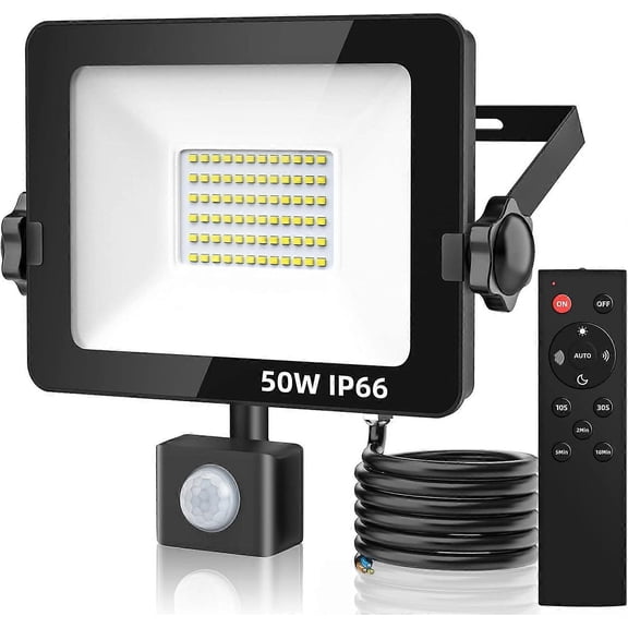 50W 5000 Lumen LED Floodlights with PIR Sensor, IP66 Waterproof Outdoor Wall Light with Remote Control for Garden, Backyard, Garage