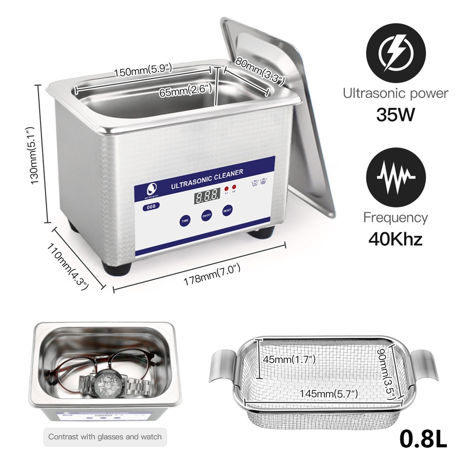 50W 800ML Ultrasonic Cleaner 40kHz For Gold Sliver Jewelry Glasses Jade Necklace Oxides Rust Oil Washer ,Strong Cleaning