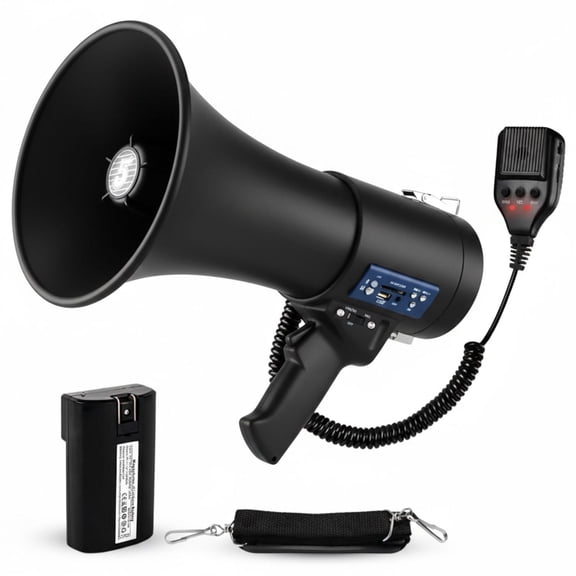 50W Bluetooth Rechargeable Megaphone with Siren, 1100Y Range, Wired Mic - Matte