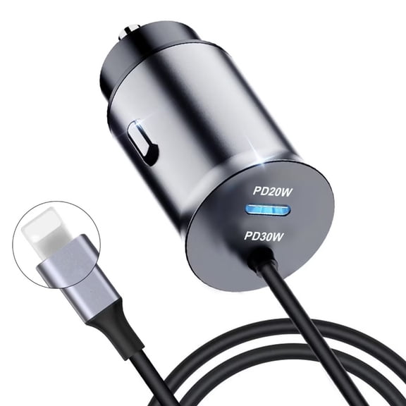50W Metal Mini 12V/24V USB Car Charger, Dual Ports [20W PD Port & 4ft 30W Lightning Charging Cable] Fast Charging USB C Car Charger Adapter for iPhone, Samsung, iPad Etc
