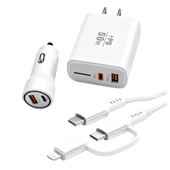 50W PD Fast Charger Set with 2-in-1 Cable, Wall & Car Charger, Compatible with iPhone, Samsung Galaxy, iPad