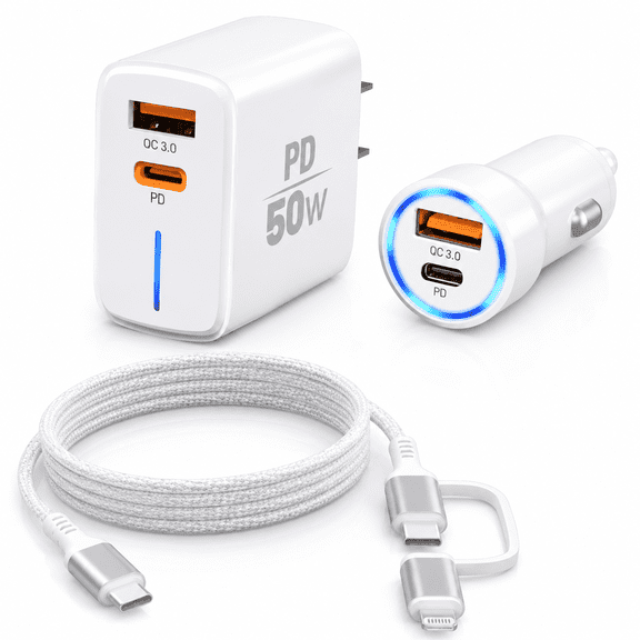 50W PD Fast Charger Set with 2-in-1 Cable | Wall & Car Charger,USB-C/USB-A, Compatible with iPhone, Samsung Galaxy, iPad