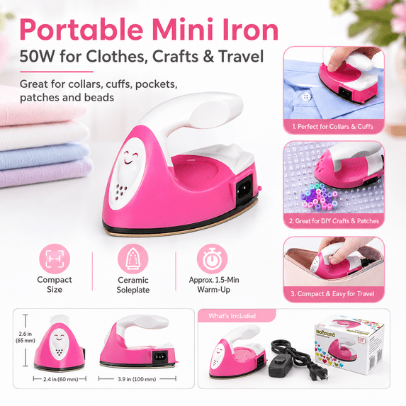 50W Portable Mini Electric Iron - Compact Home/Travel Iron for Clothes/Garments/Sewing, Lightweight Tool for Quick Touch-Ups & Easy Storage,Red,2.36*2.56in