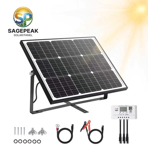 SAGEPEAK 50W Solar Panel Kit, 12V/24V 10A PWM Controller 22% High Efficiency IP65 Waterproof Adjustable Bracket for Roof, RV, Marine, Off-Grid