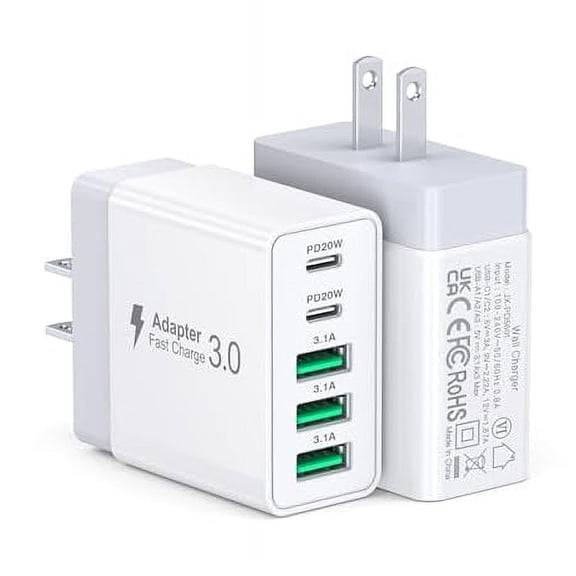 50W USB C Charger Block, 2Pack 5 Port Type C Charging Block Fast Wall Charger PD Power Adapter QC 3.0 Wall Plug Multiport Type C Charging Cube USB Brick for iPhone 16/15/14/13/12Pro Max iPad Samsung
