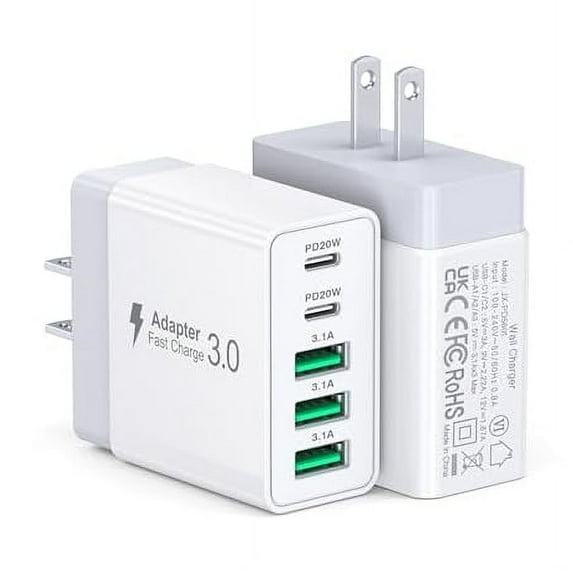 50W USB C Charger Block, 2Pack 5 Port Type C Charging Block Fast Wall Charger PD Power Adapter QC 3.0 Wall Plug Multiport Type C Charging Cube USB Brick for iPhone 16/15/14/13/12Pro Max iPad Samsung