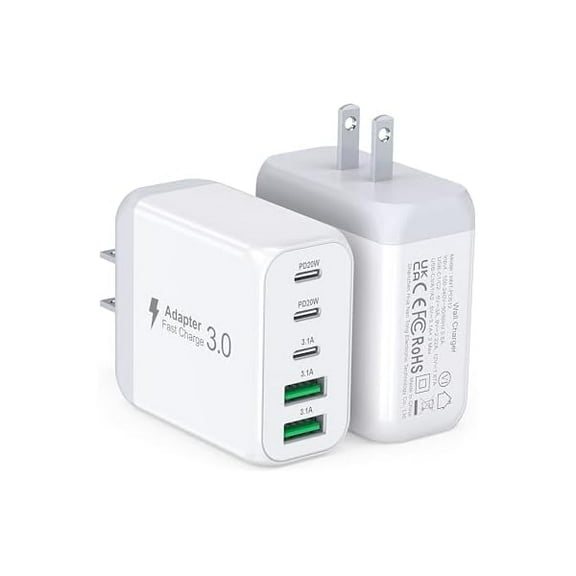 50W USB C Wall Charger Block, 2Pack 5-Port C Charger Fast Charging Block Dual PD Power Adapter&QC 3.0 Wall Plug Multiport Type C Charging Cube Brick for iPhone 16/15/14/13/12 Pro Max, iPad,Samsung