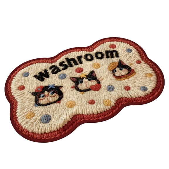 50X80Cm Irregular Shape Cartoon Bathroom Mat With Cute Cat Cartoon Patterns And 'Washroom' Text, Faux Wool Woven, Absorbent Surface, Non-Slip Backing, Designed For Bathrooms