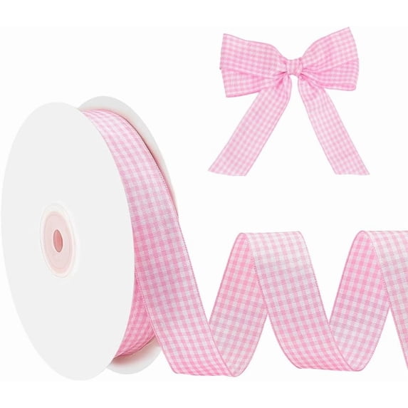 50Yards Gingham Ribbon 1Inch Checkered Ribbon 100% Polyester Woven Edge Plaid Ribbon Scottish Ribbon for Present Wrapping Party Decoration Pearl Pink Green DIY