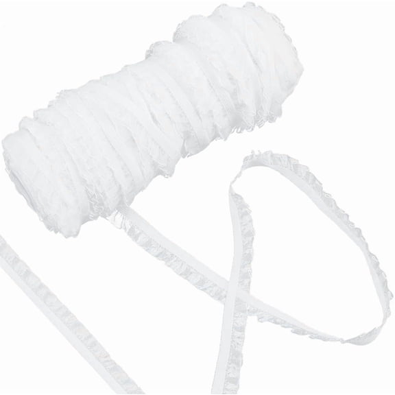 50Yds Elastic Ruffle Lace Trim 5/8" Chiffon Pleated Stretch Ribbon Frilly Lace Fabric Gathered Edging Trimming for Hair Tie Headband Lingerie Underwear Sewing Crafts Home Decor White for diy