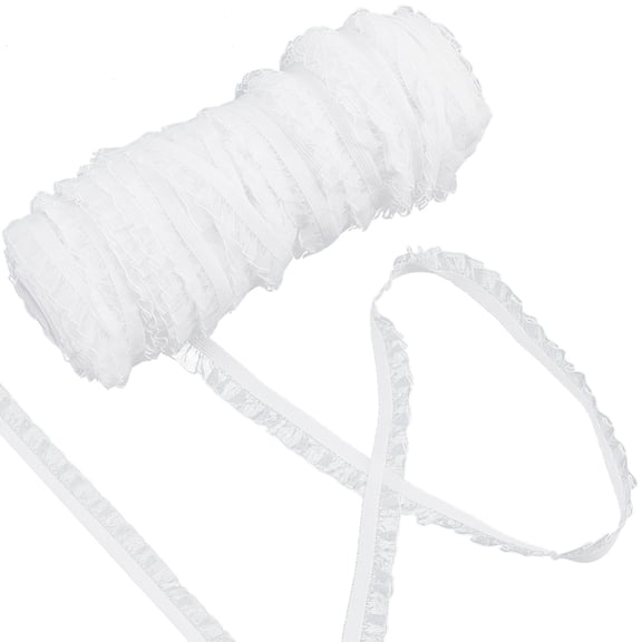 50Yds Elastic Ruffle Lace Trim 5/8" Chiffon Pleated Stretch Ribbon Frilly Lace Fabric Gathered Edging Trimming for Hair Tie Headband Lingerie