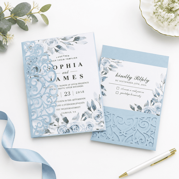 50blank Wedding Invitation Kit - Light Blue Cut Pocket