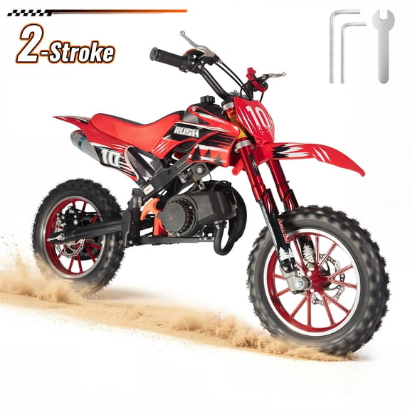 50cc 2-Stroke Mini Dirt Bike Pit Bike, Off-Road Motorcycle with Pull Start, Chain Drive, Front and Rear Disc Brakes, Shock Absorbers, 15-Inch Tires, 190 Lbs Max Load, Beginner Trail Bike