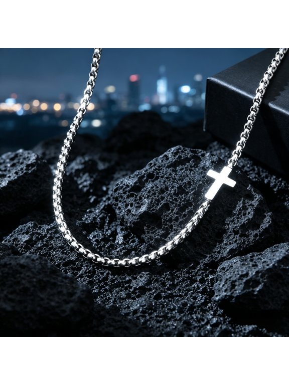 Hiphop Rock Cross Pendant Necklace with Box Chain for Men Women, 14K White Gold Filled Bold Sculpted Polished Raw Stately Distinctive Jewelry