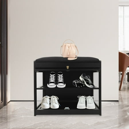 50cm 2-Tier Acrylic Entryway Shoe Bench Shoe Rack Bench with Cushion Shoe Rack Bench Black